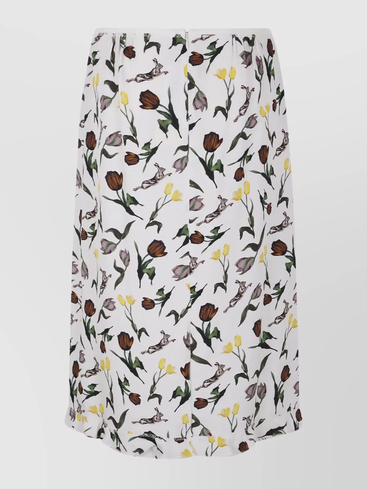 Marni Cream Envers Satin Midi Skirt With Tulips And Hares Print In Multi