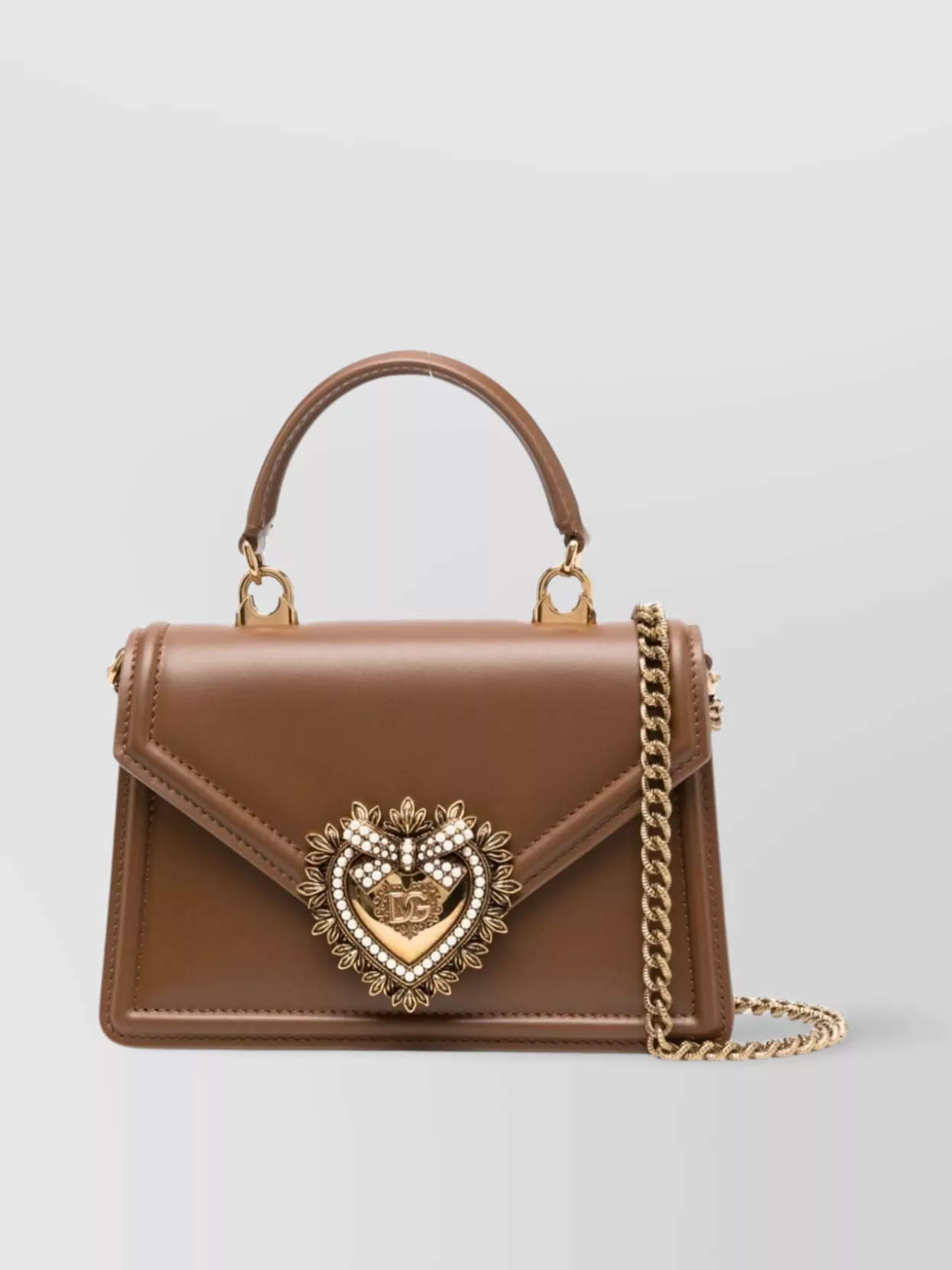 Dolce & Gabbana Heart Embellishment Small Leather Handbag In Brown