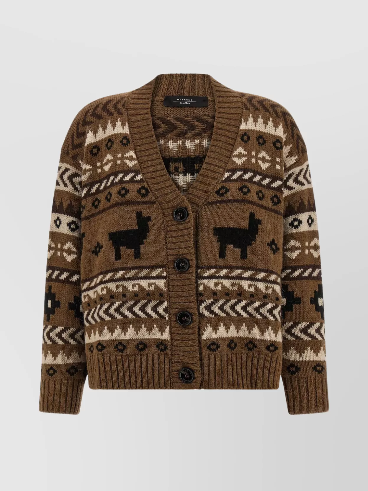 Weekend Max Mara V-neck Cardigan With Ribbed Cuffs And Hem In Brown