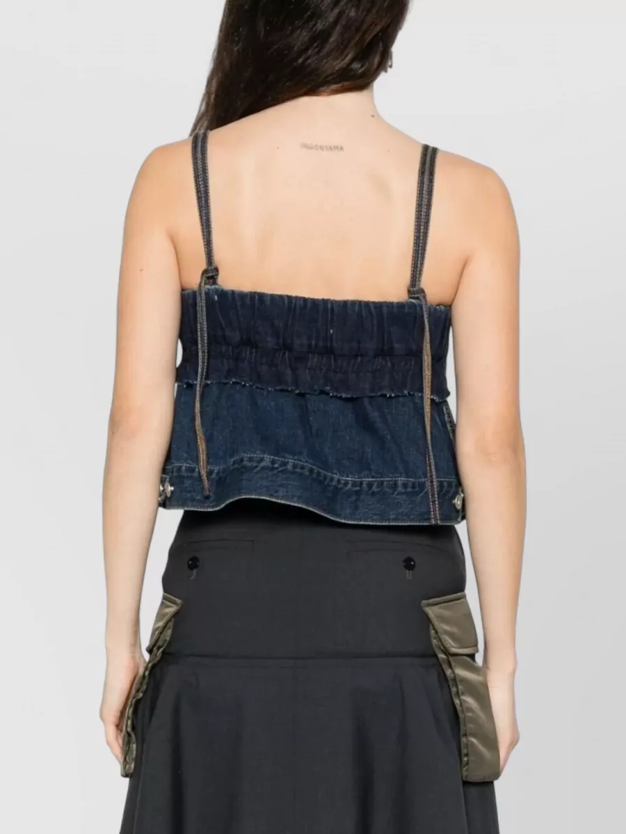 Sacai Denim Pullover Top Adjustable Straps Ruffles