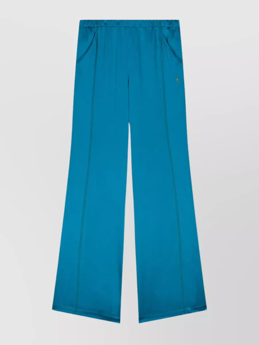 Shop Atlein Satin Flared High-waisted Trousers In Blue