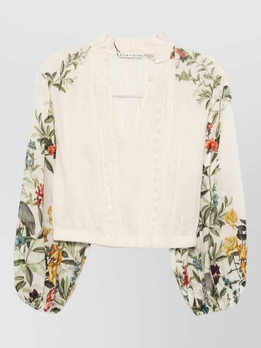 Alice + Olivia floral-print lace-trim ruffled v-neck long-sleeve cropped blouse
