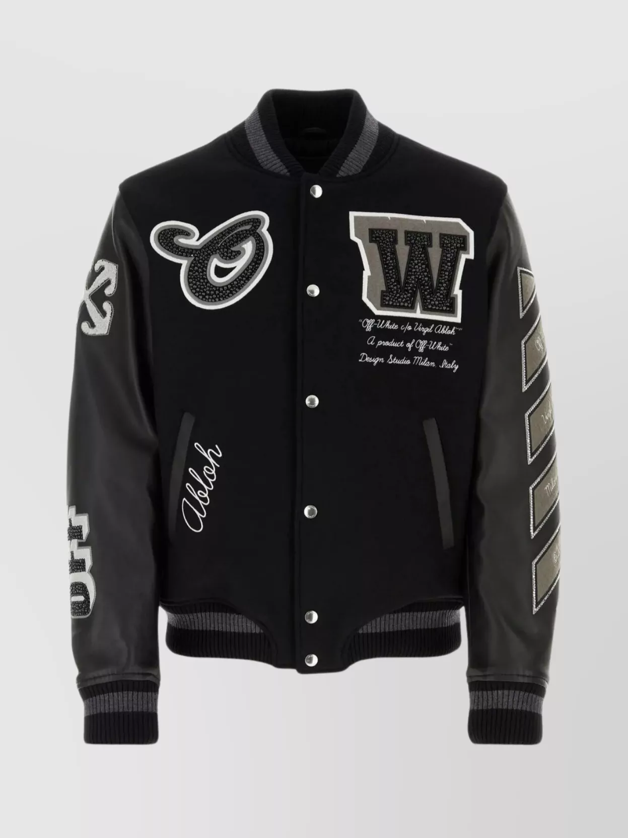 Shop Off-white Wool Blend And Leather Bomber Jacket In Black