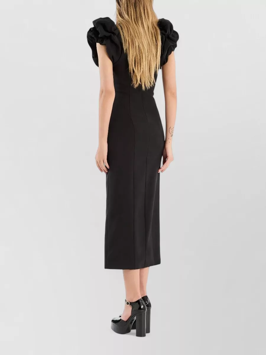 Rotate Crepe Puff-Sleeve Fitted Midi Dress