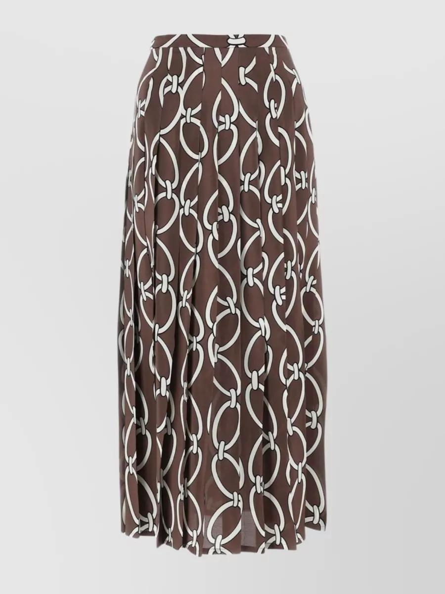 Shop Valentino Silk Chain Print Pleated Skirt In Brown