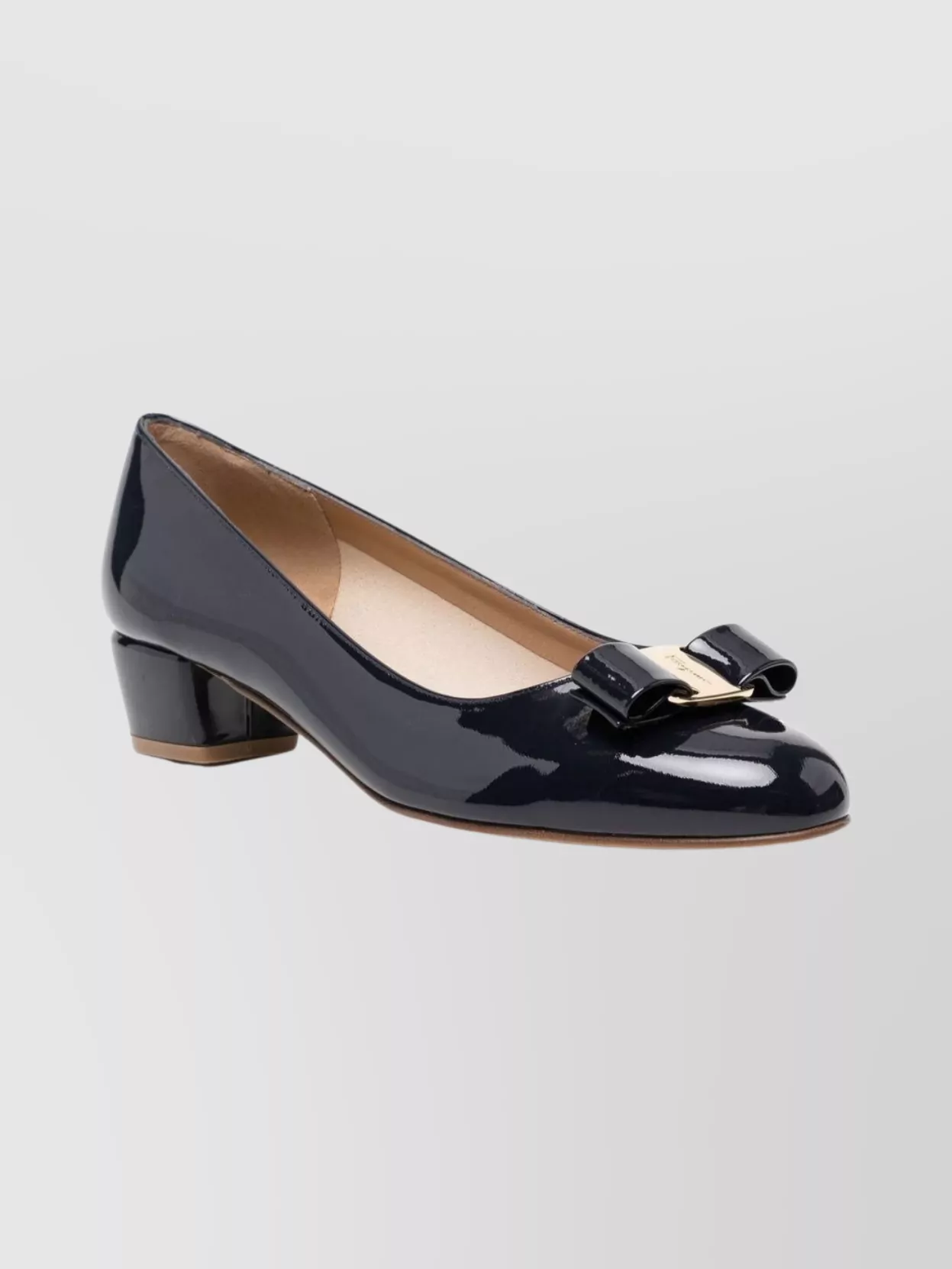 Ferragamo Round Toe Low Block Heel Patent Pumps