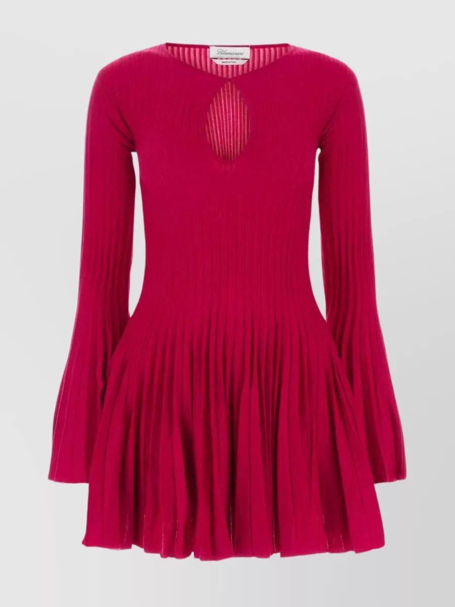Shop Blumarine Sleeved Wool Dress With Pleated Skirt And Keyhole Neckline In Burgundy