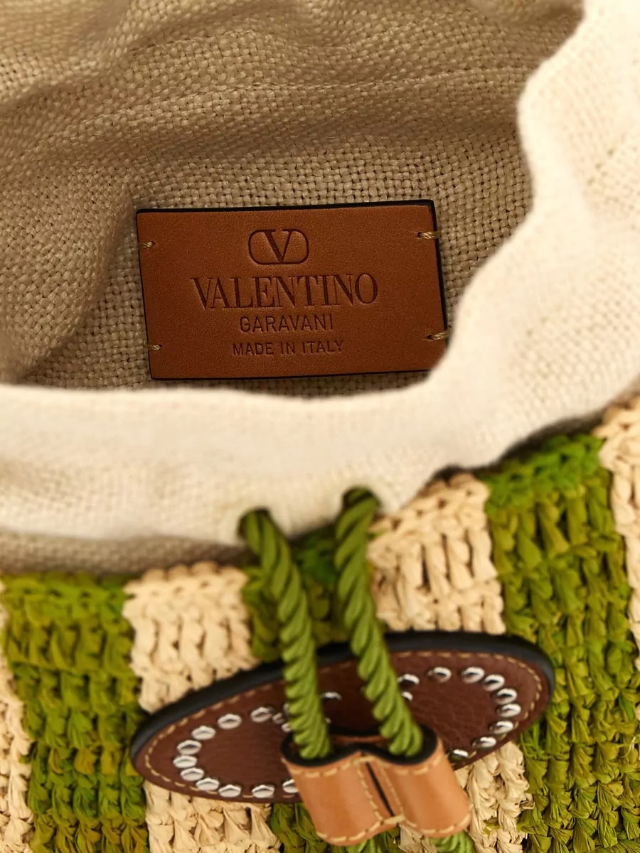 Valentino Garavani Vlogo Signature Small Straw Striped Bucket Bag