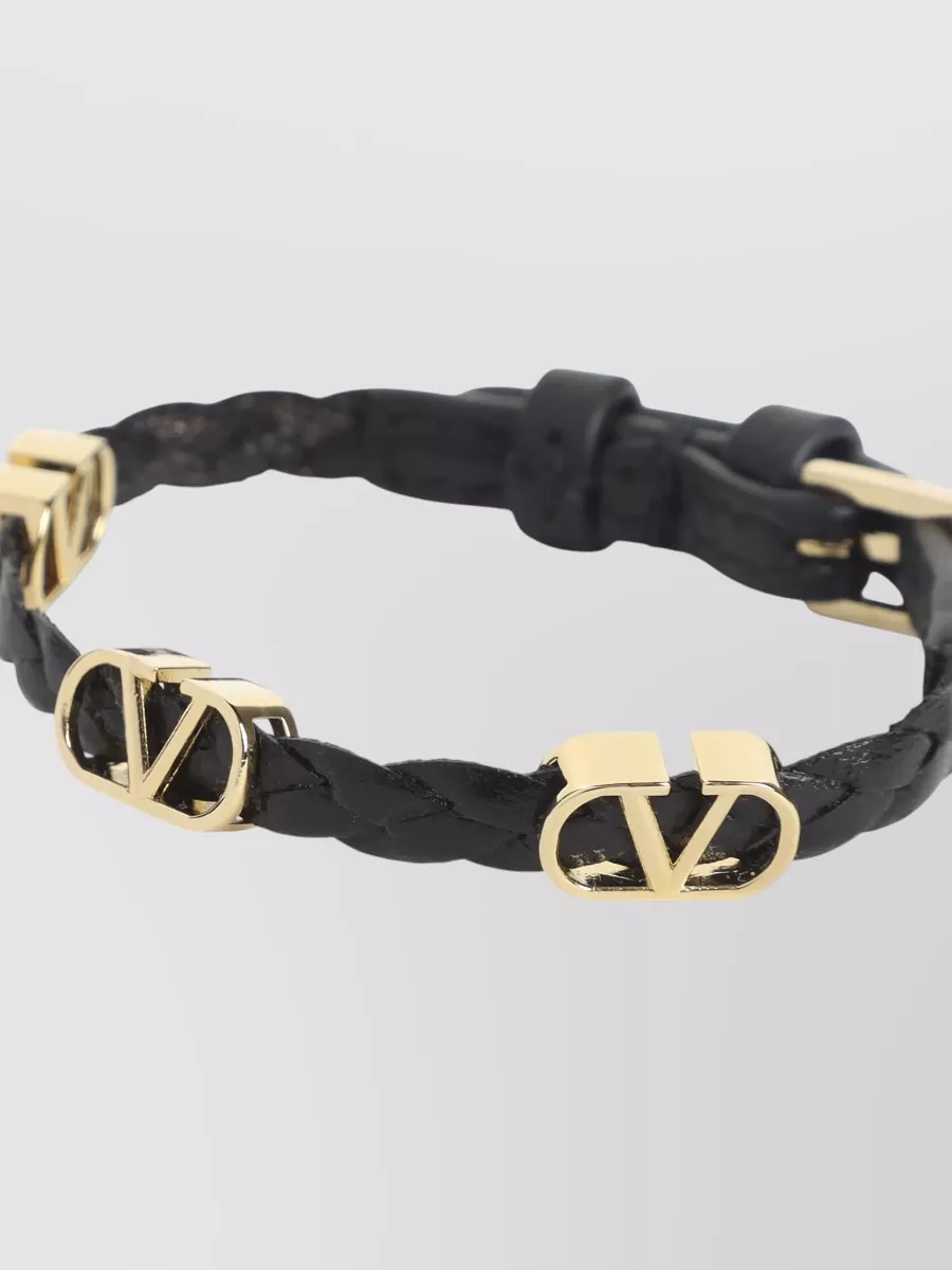 Valentino Garavani Leather Bracelet Braided Design Gold Tone Hardware