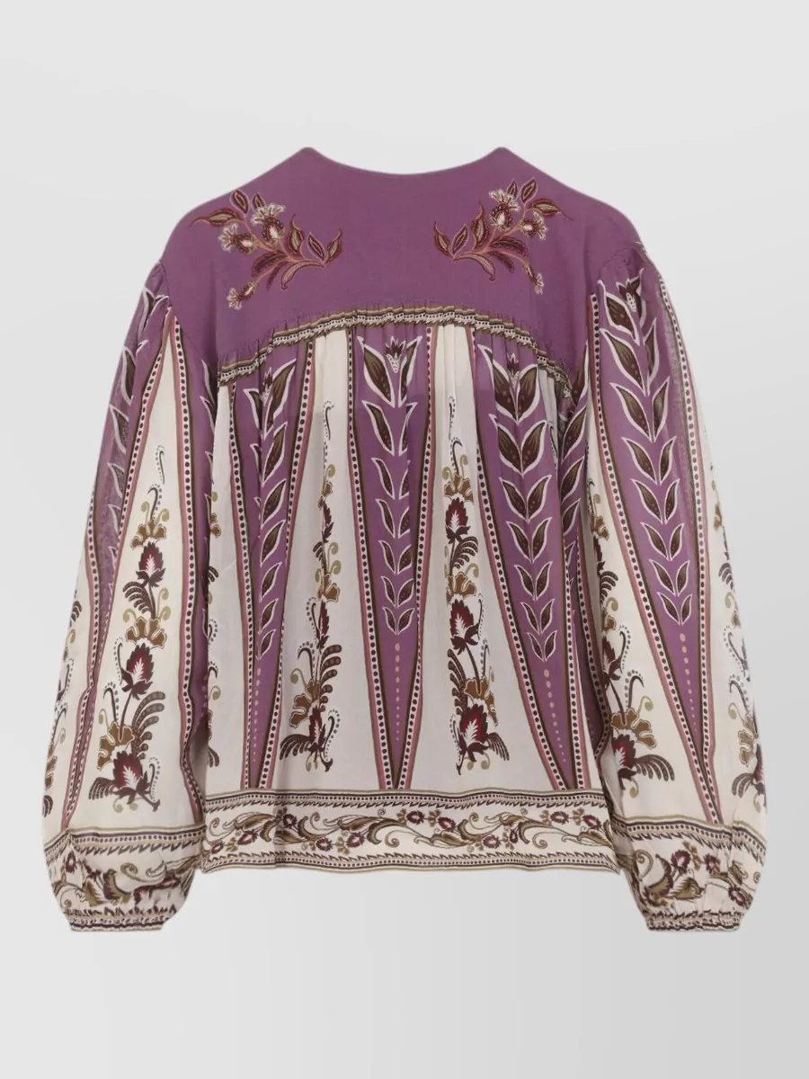 Farm Rio Floral-Print Gathered Long-Sleeve Blouse