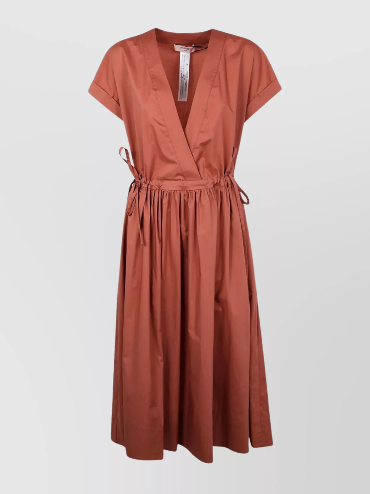 Twinset Midi Dress With Waist Tie And V-neck In Brown