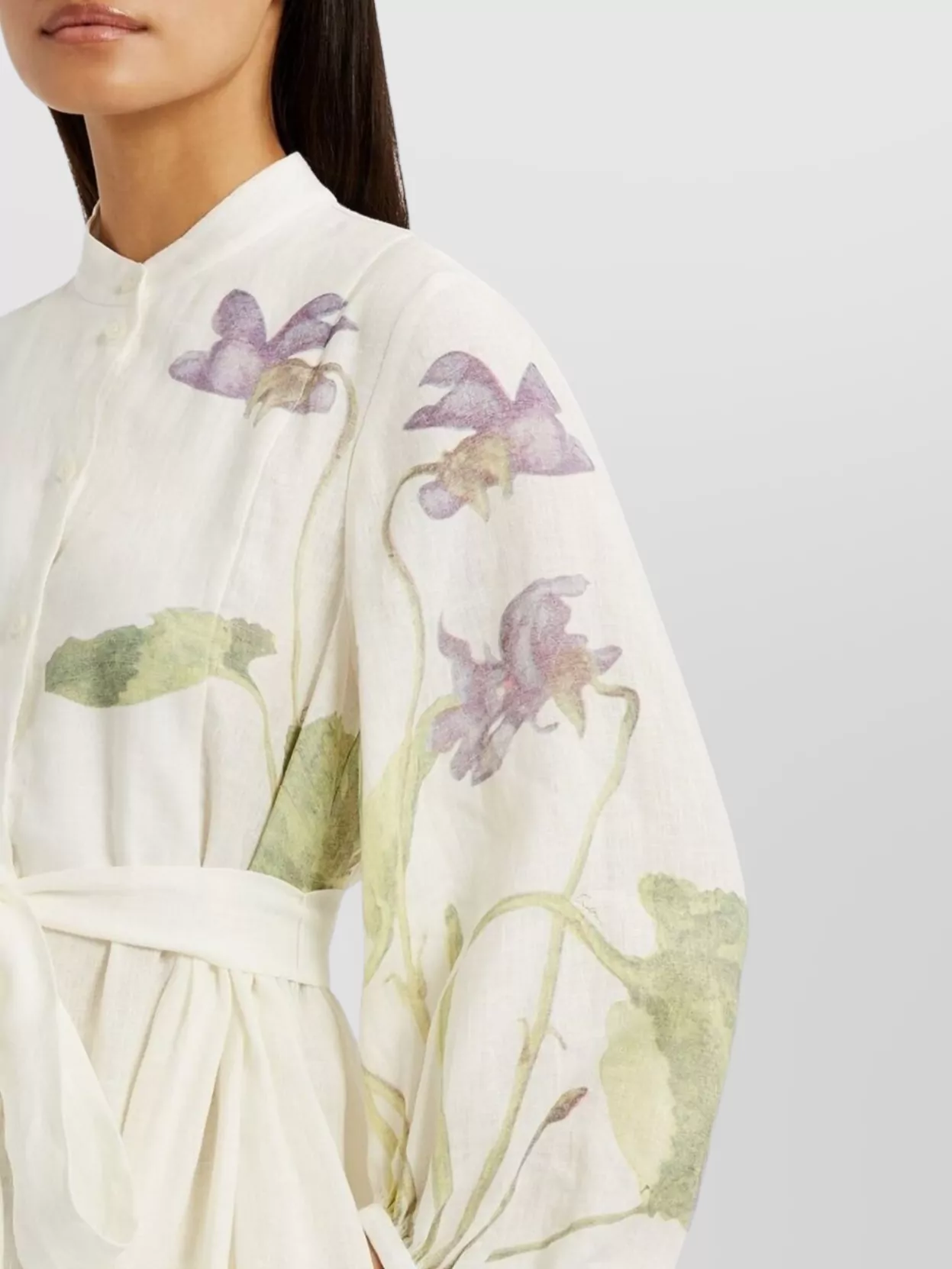 ERDEM LINEN DRESS WITH BELTED WAIST AND FLORAL PRINT 