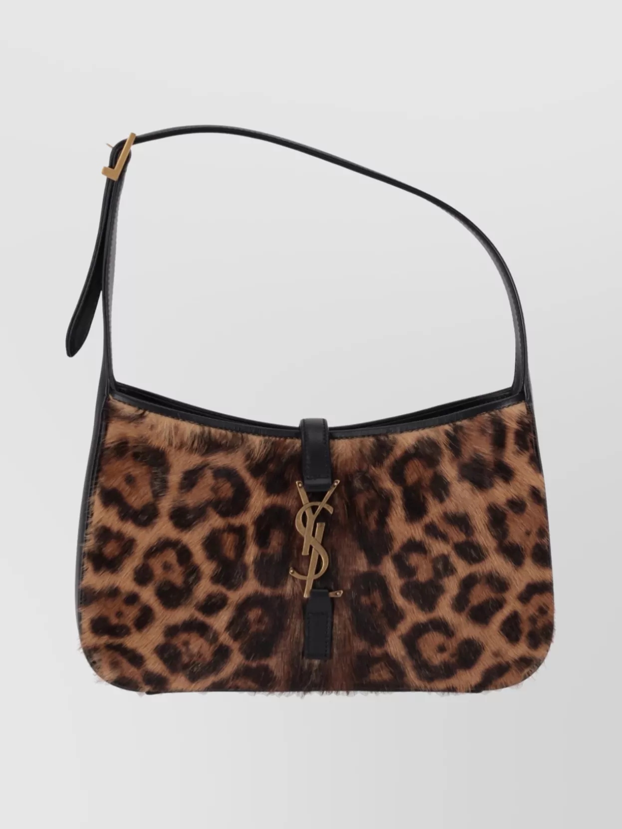 Saint Laurent le 5 à 7 calf leather shoulder bag — The Saint Laurent leopard flap bag is compact, high-glam and print-coordinated, reading as a luxe accent rather than overwhelming the clean sequin-and-tee base.