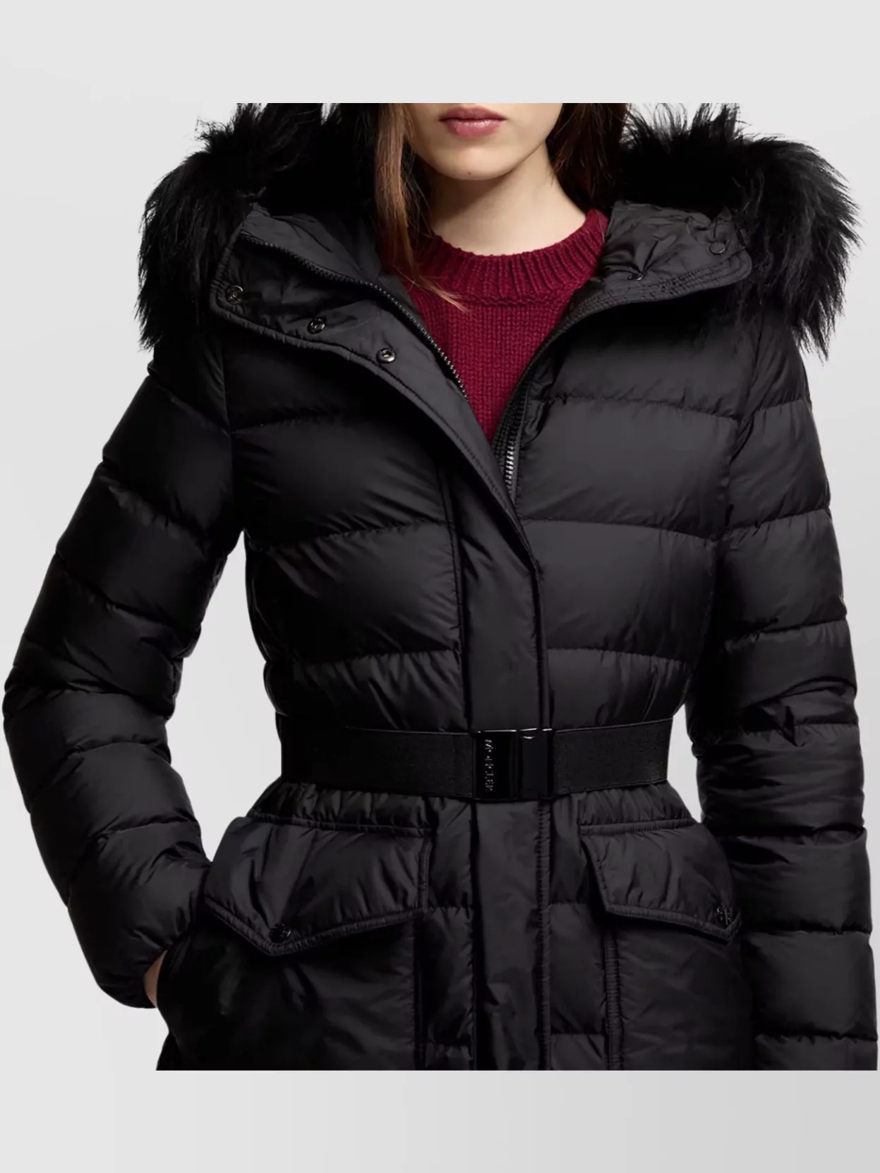 Moncler Khloesse Hooded Shearling-trimmed Long Down Jacket In Black