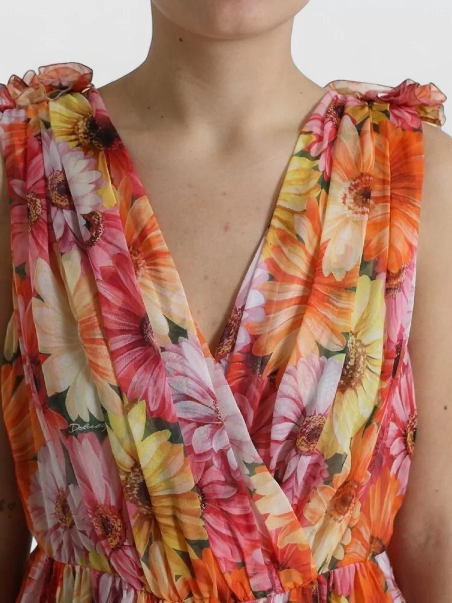 Dolce&Gabbana Silk Floral Print V-Neck Pleated Midi Dress