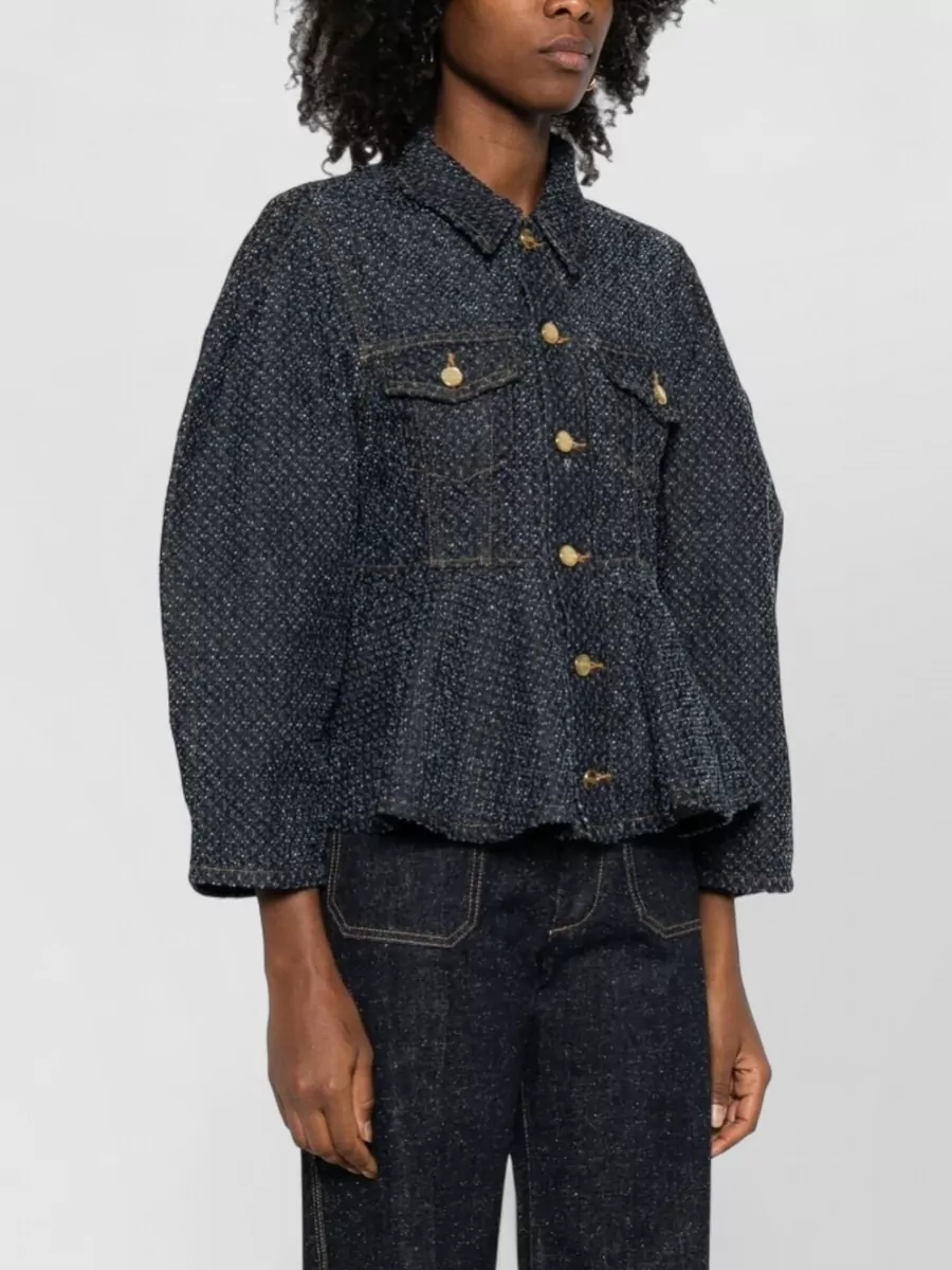 Ganni Denim Jacket Peplum Hem Long Sleeves Pockets