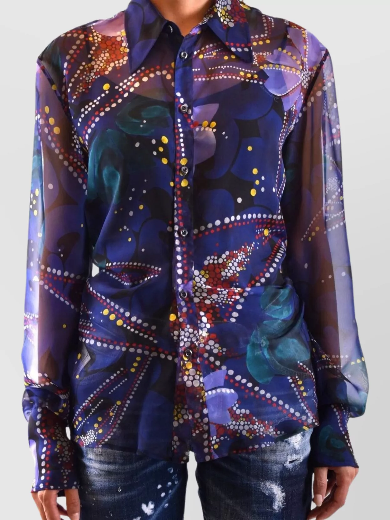 Dsquared2 Abstract Print Collared Neck Long Sleeves Sheer Fabric In Blue