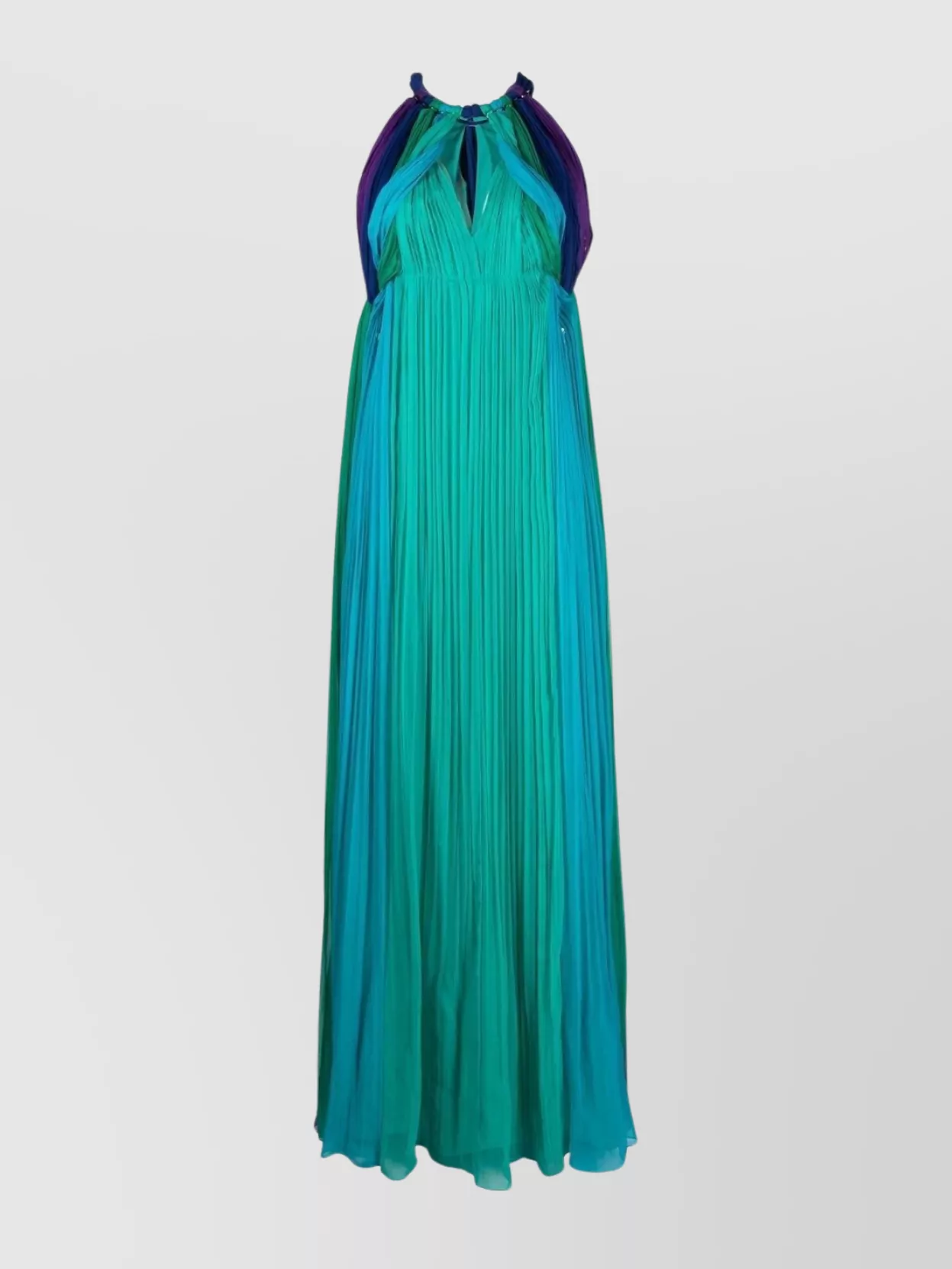Shop Alberta Ferretti Silk Gown With Draped Tulle And Halter Neckline In Cyan