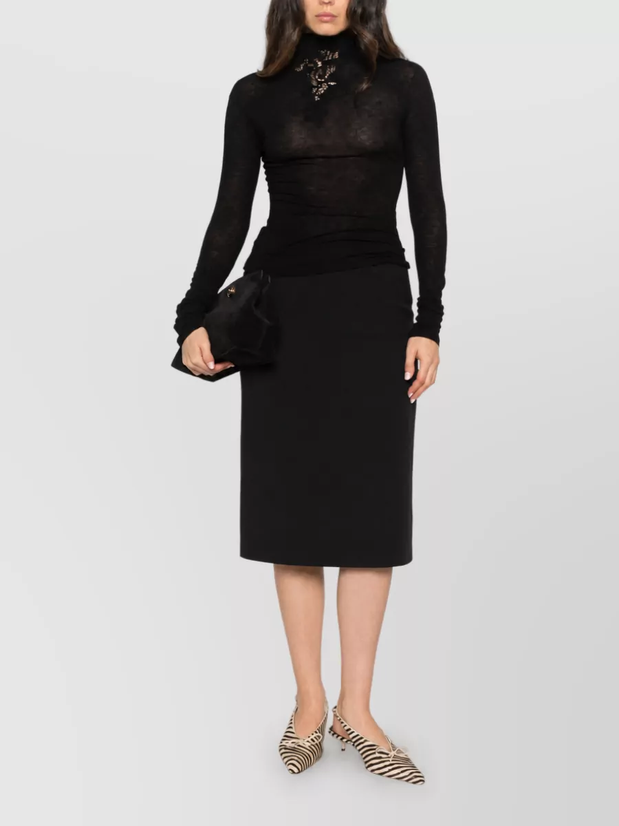 Ermanno Scervino Cashmere Floral-Lace Appliqué Semi-Sheer High-Neck Long-Sleeve Top