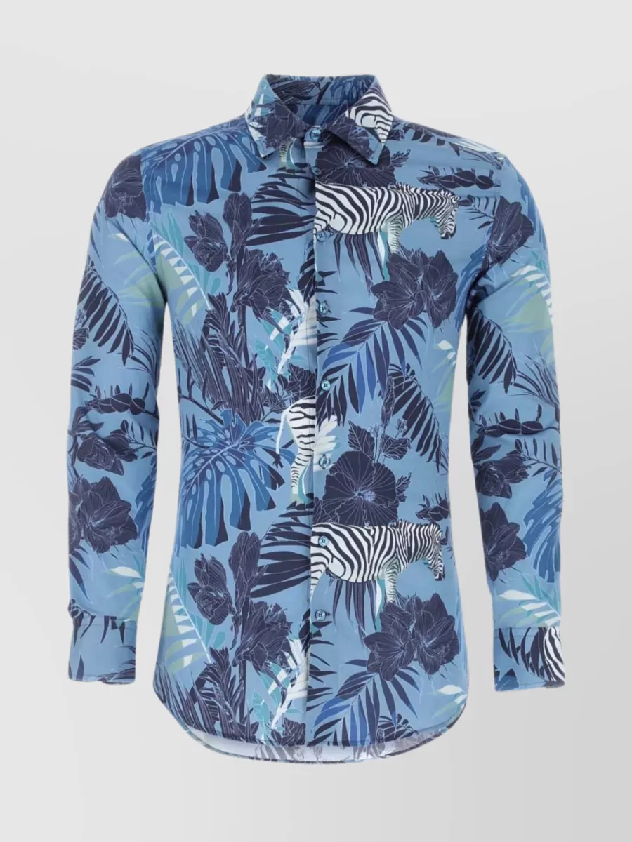 Shop Etro Patterned Cotton Shirt With Cuff Sleeves In Blue