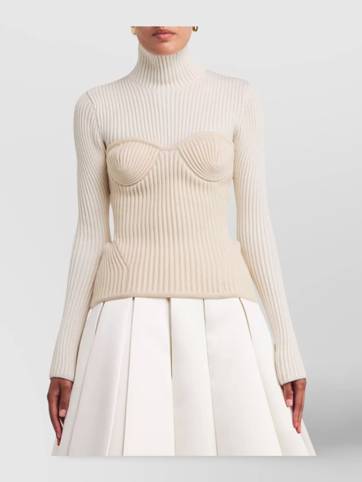 Jean Paul Gaultier Ribbed Turtleneck Sweater Corset Detail In Neutral