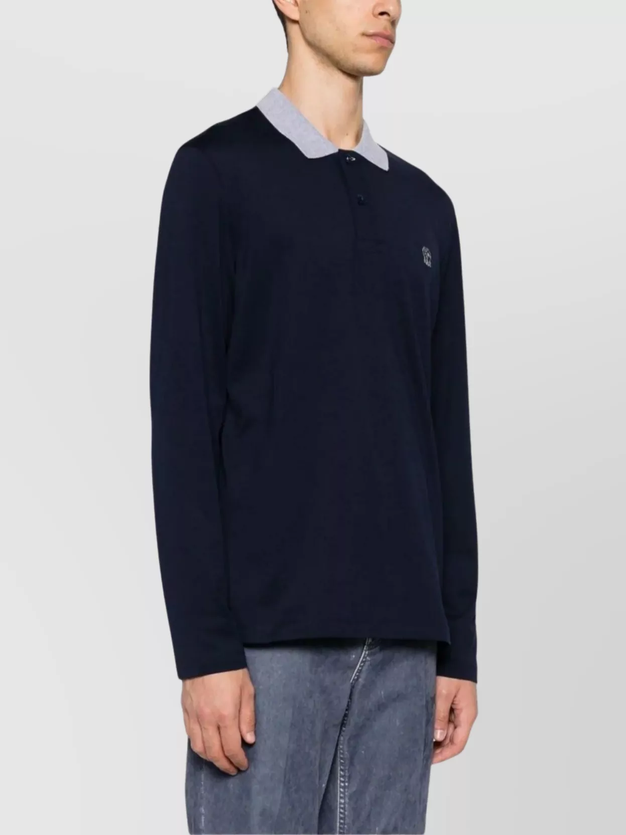 Brunello Cucinelli Long Sleeve Polo Shirt With Contrast Collar In Blue