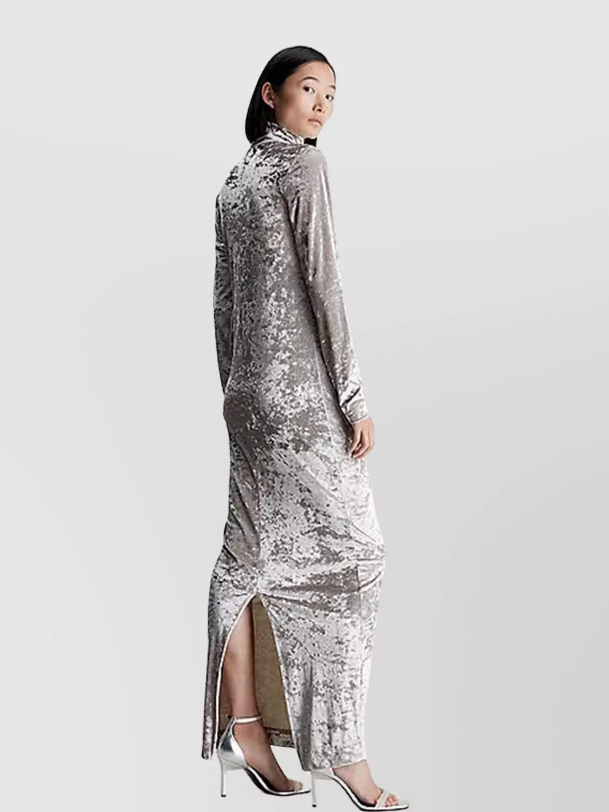 Calvin Klein High Neckline Long Sleeve Velvet Floor-Length Dress
