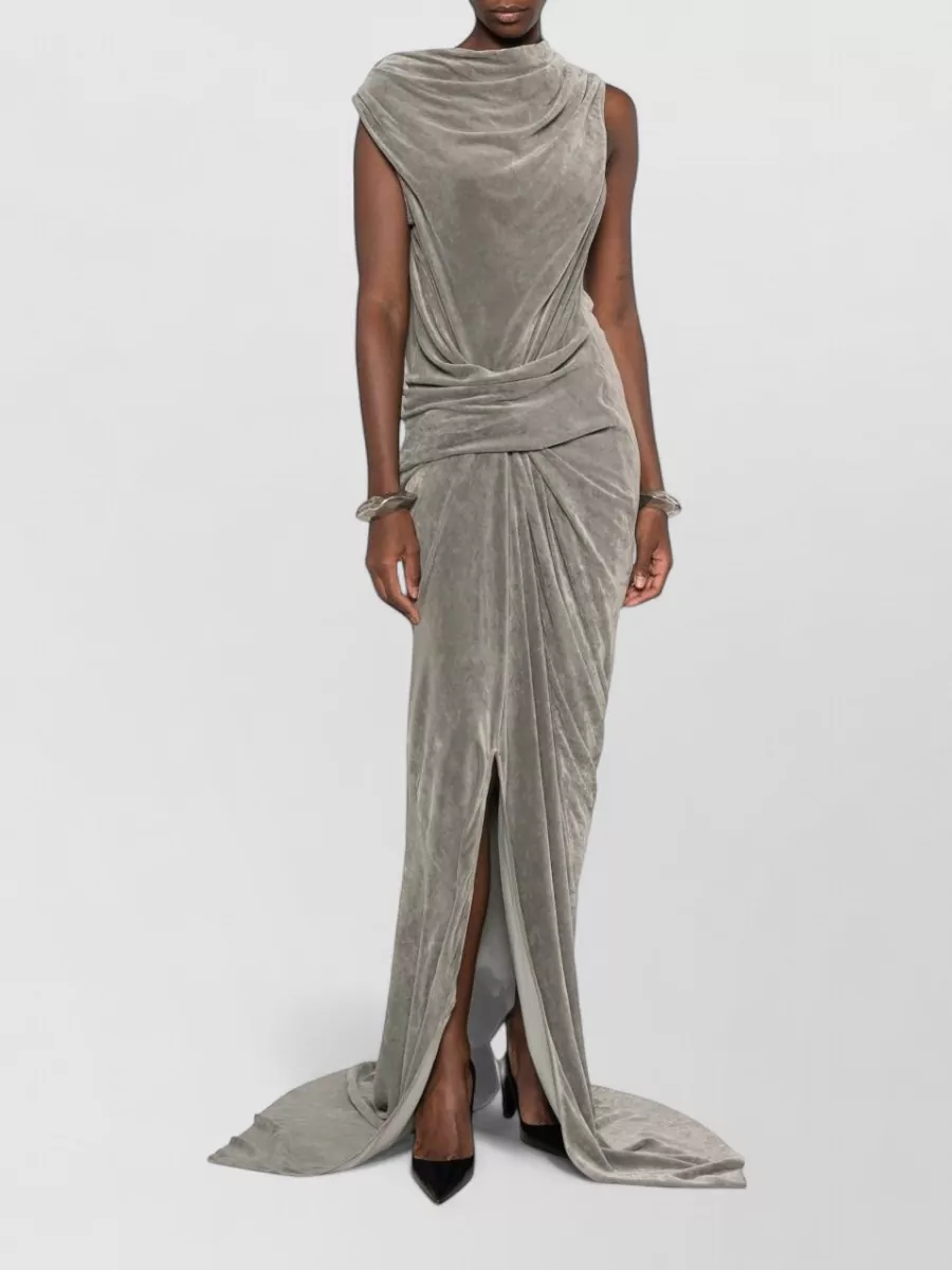 Rick Owens Velvet draped cowl-neck sleeveless front-slit floor-length gown