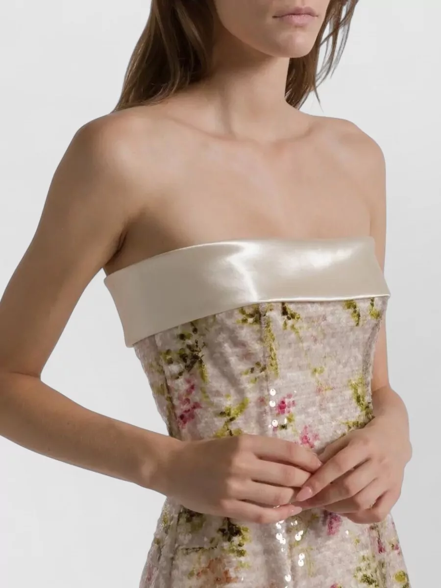 Alberta Ferretti Strapless Floral Sequin Mini Dress Satin