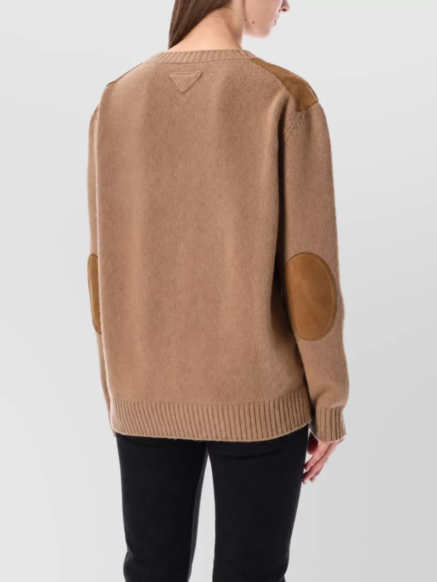 Prada Cashmere Blend Relaxed Fit Suede Panel V Neck Jumper