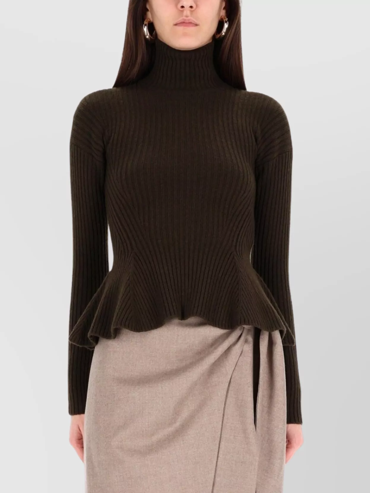 Max Mara Turtleneck Sweater Peplum Hem In Brown