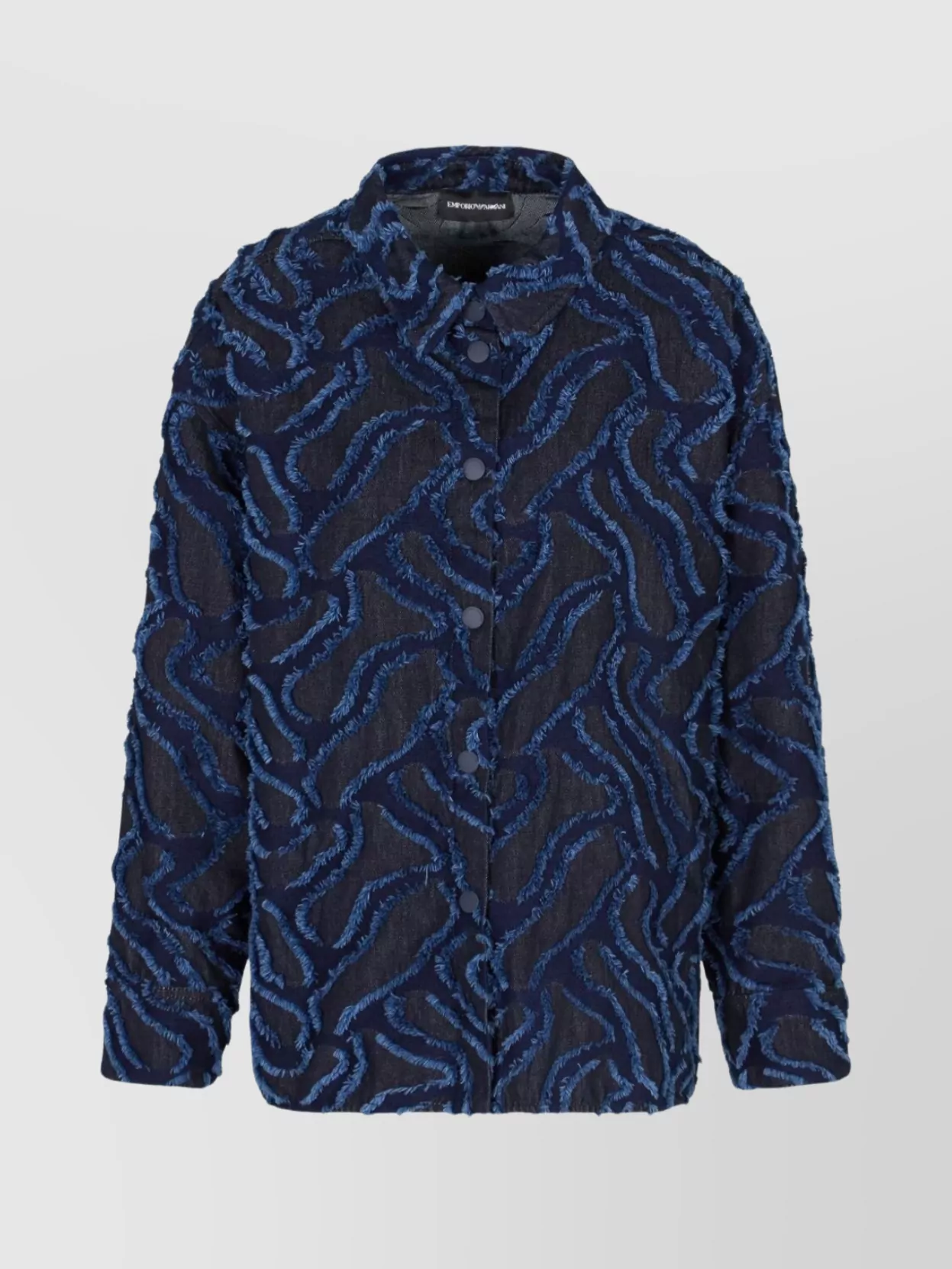 Emporio Armani Fringed Embossed-motif Jacquard Denim Shirt Jacket In Blue