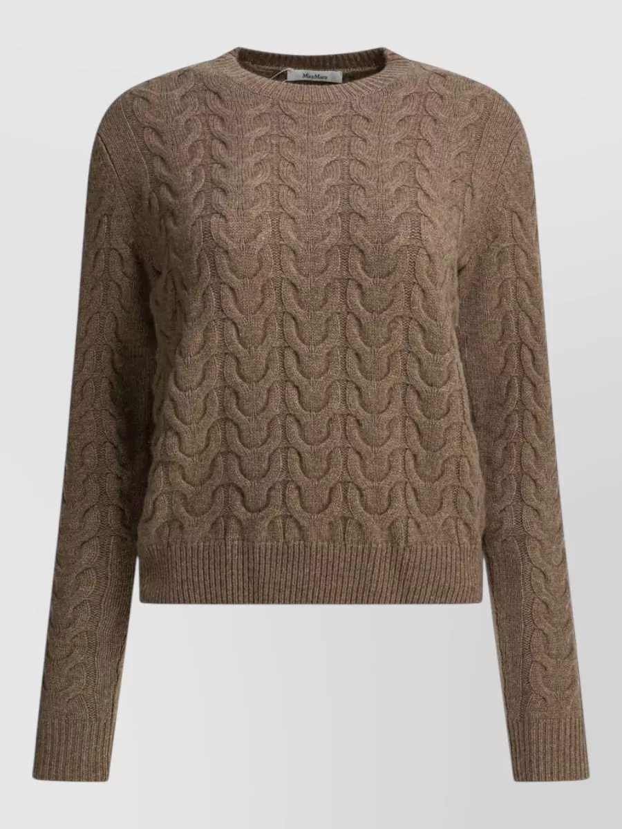Max Mara Cable Knit Crew Neck Sweater Long Sleeves In Brown