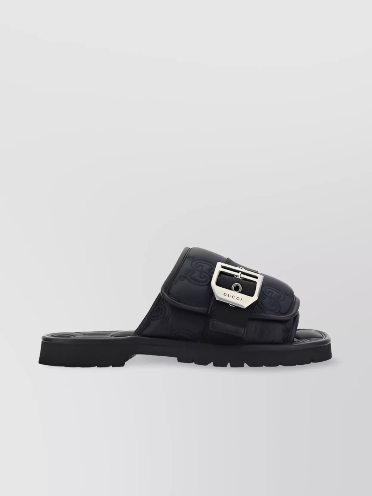 Shop Gucci Quilted Logo Flat Sandals Metal Buckle