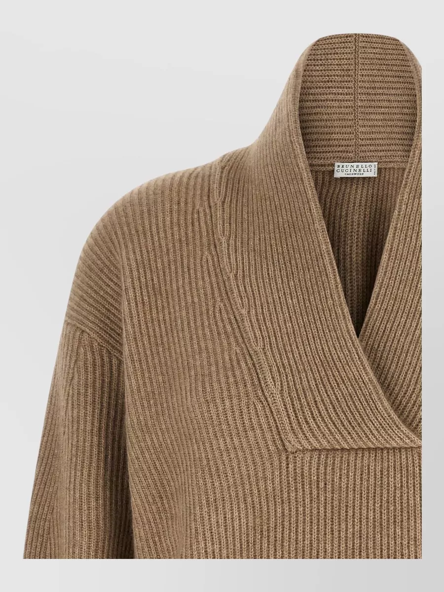 Brunello Cucinelli Cashmere English-Rib Shawl-Neck Sweater