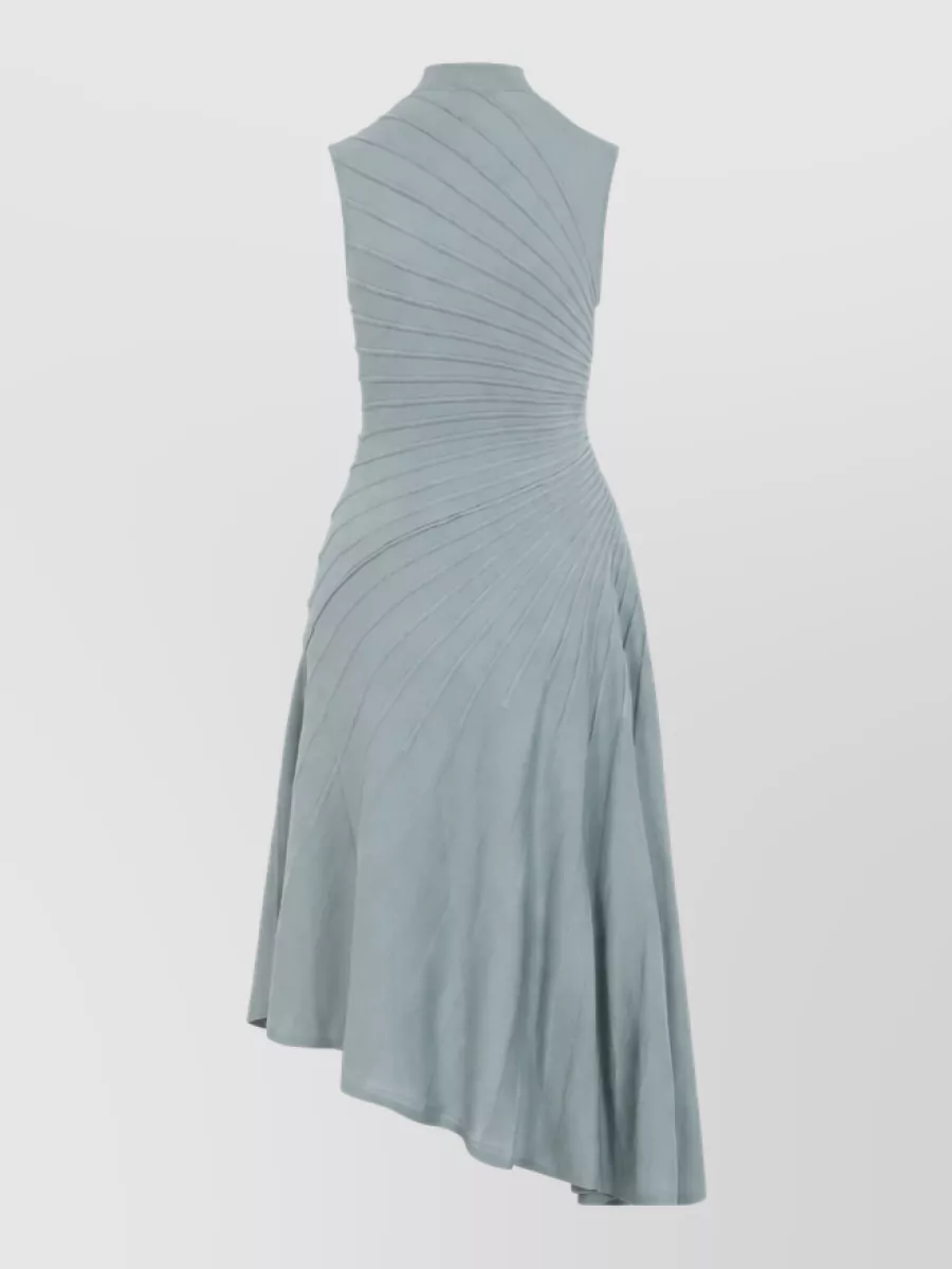 Alaïa Wool Sleeveless High-Neck Ribbed Pleated Asymmetric Midi Dress