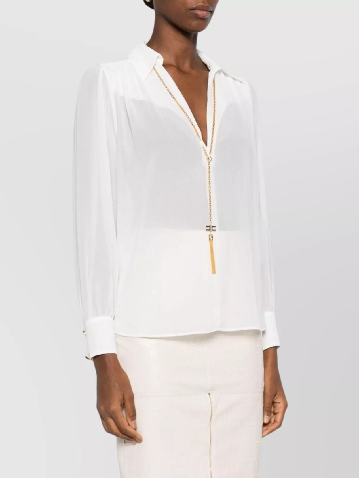 Elisabetta Franchi Chic Long Sleeve Sheer Top With Chain