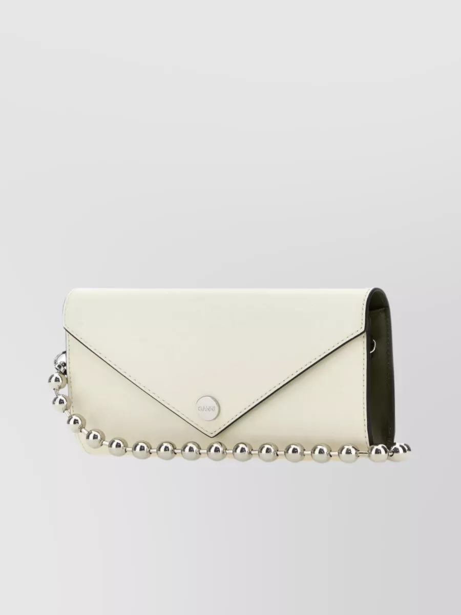 Shop Ganni Leather Envelope Wallet With Chain In Cream