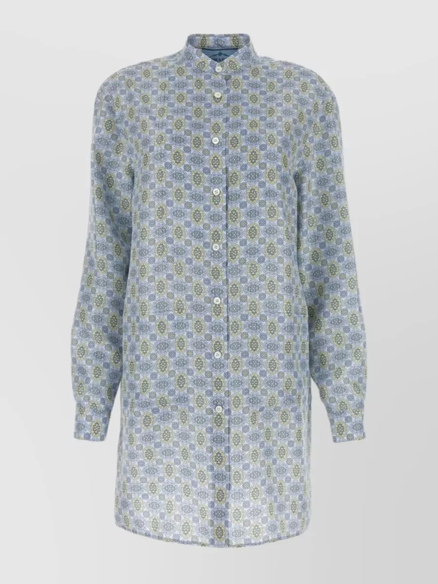 Shop Prada Unique Print Silk Shirt Dress In Cyan