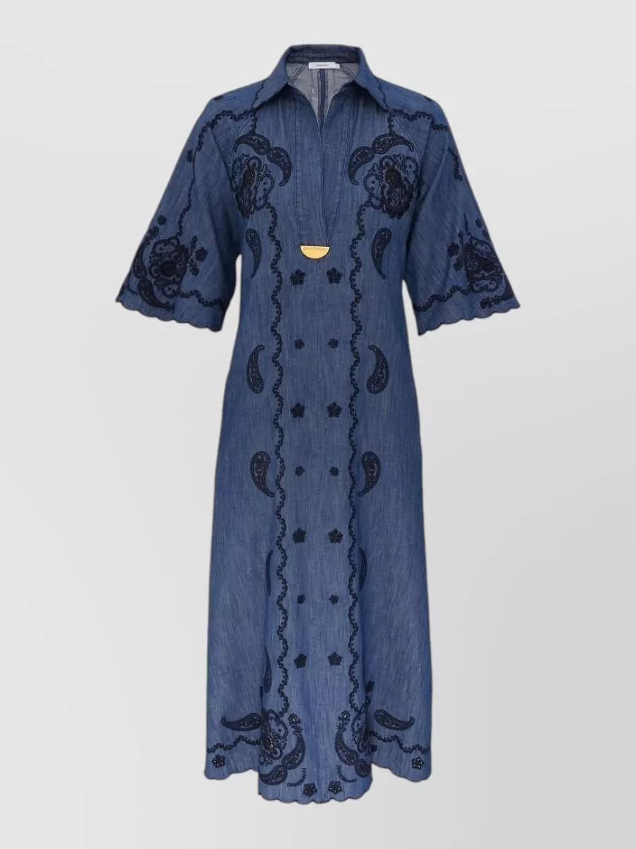Zimmermann Denim embroidered v-neck midi dress