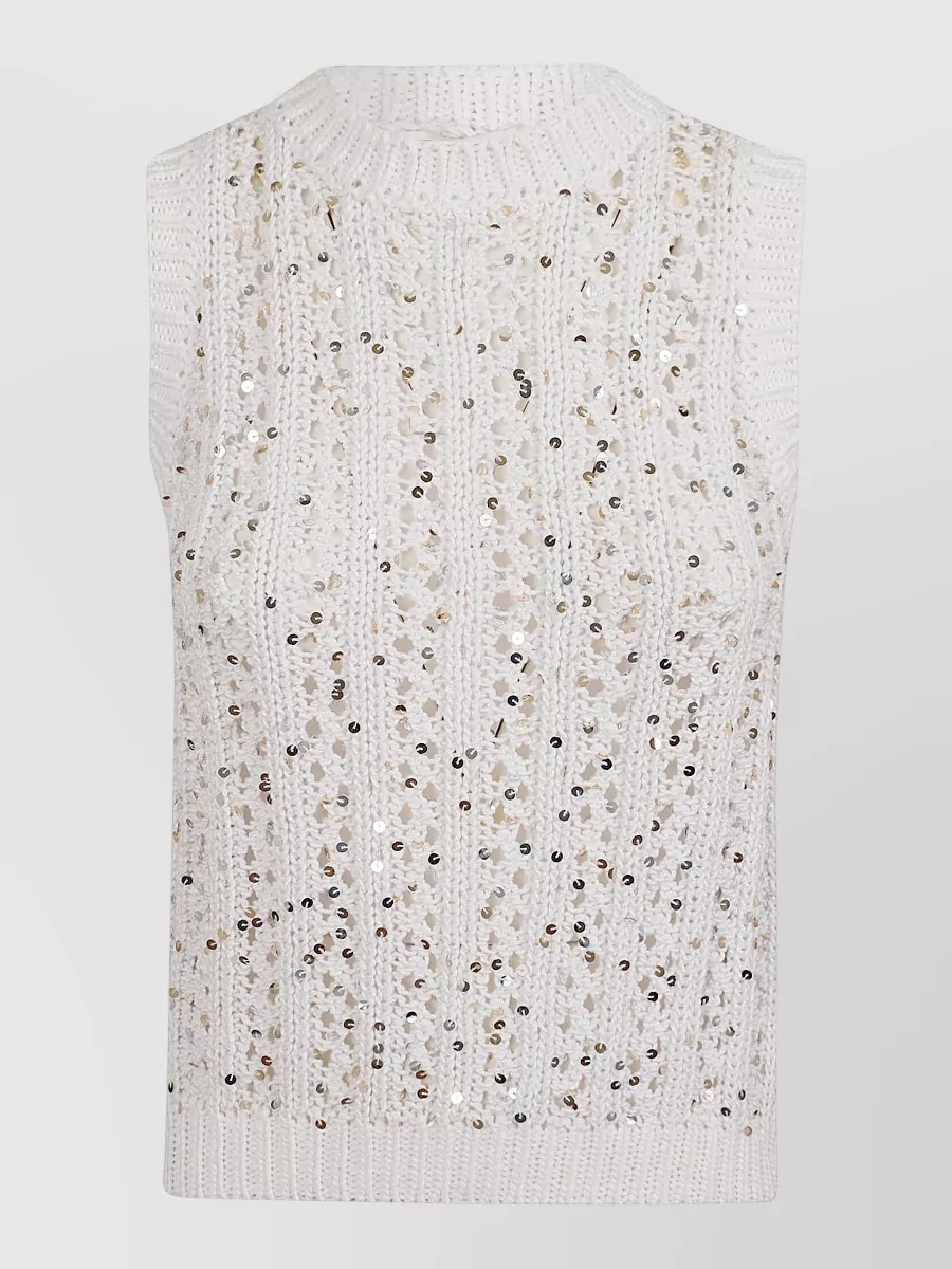 Peserico Cotton Crochet Openwork Sequined Sleeveless Top