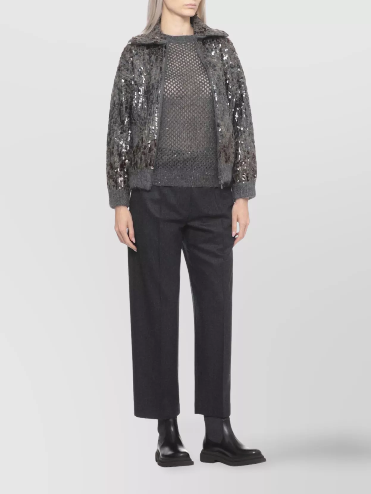 Brunello Cucinelli Sequin Embellished High Neck Cardigan In Gray