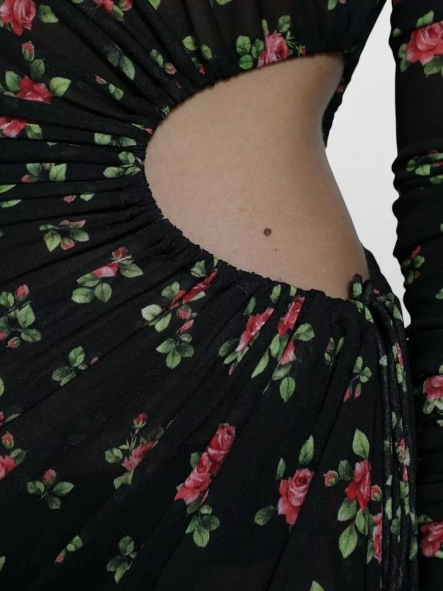 Dolce&Gabbana Silk Floral-Print Cutout Long-Sleeve Midi Dress