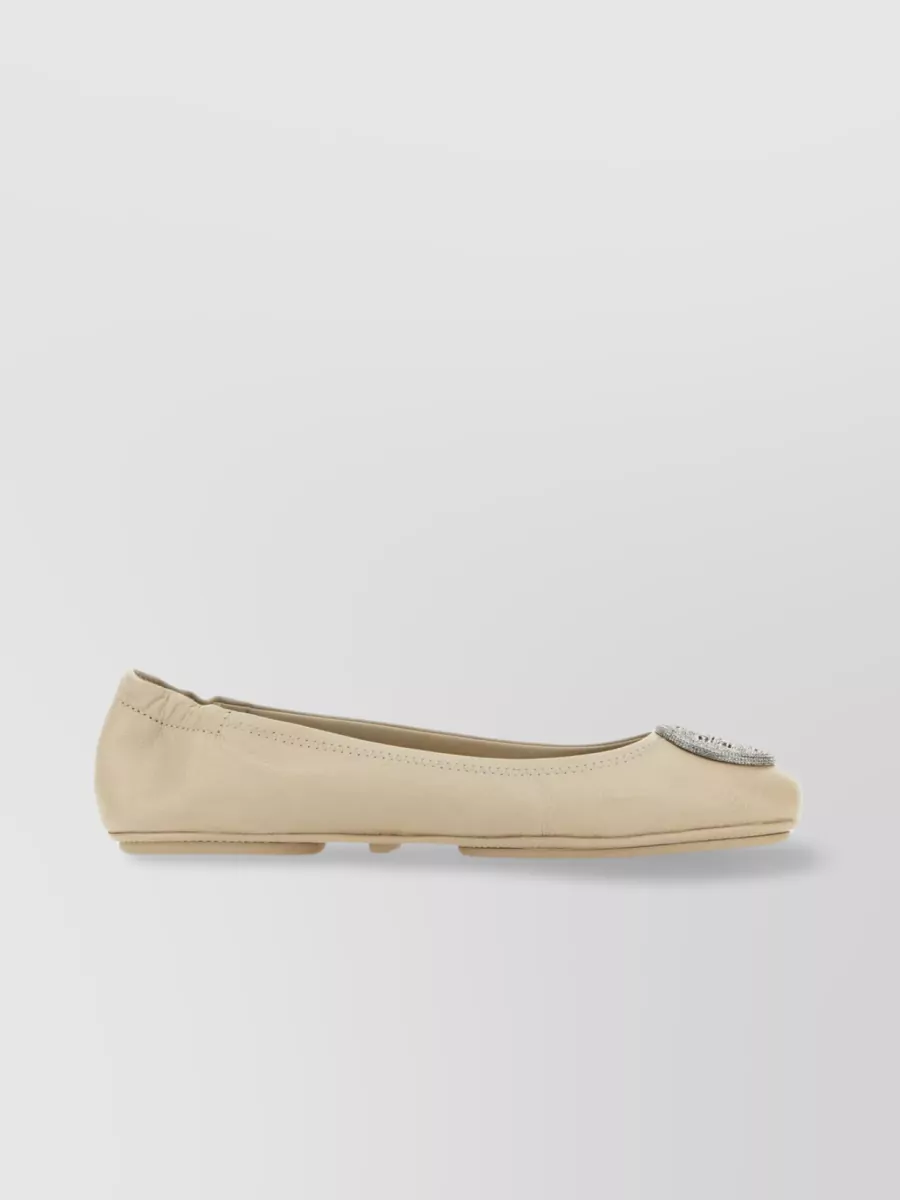 Shop Tory Burch Nappa Leather Round Toe Ballerinas With Elasticized Topline In Cream