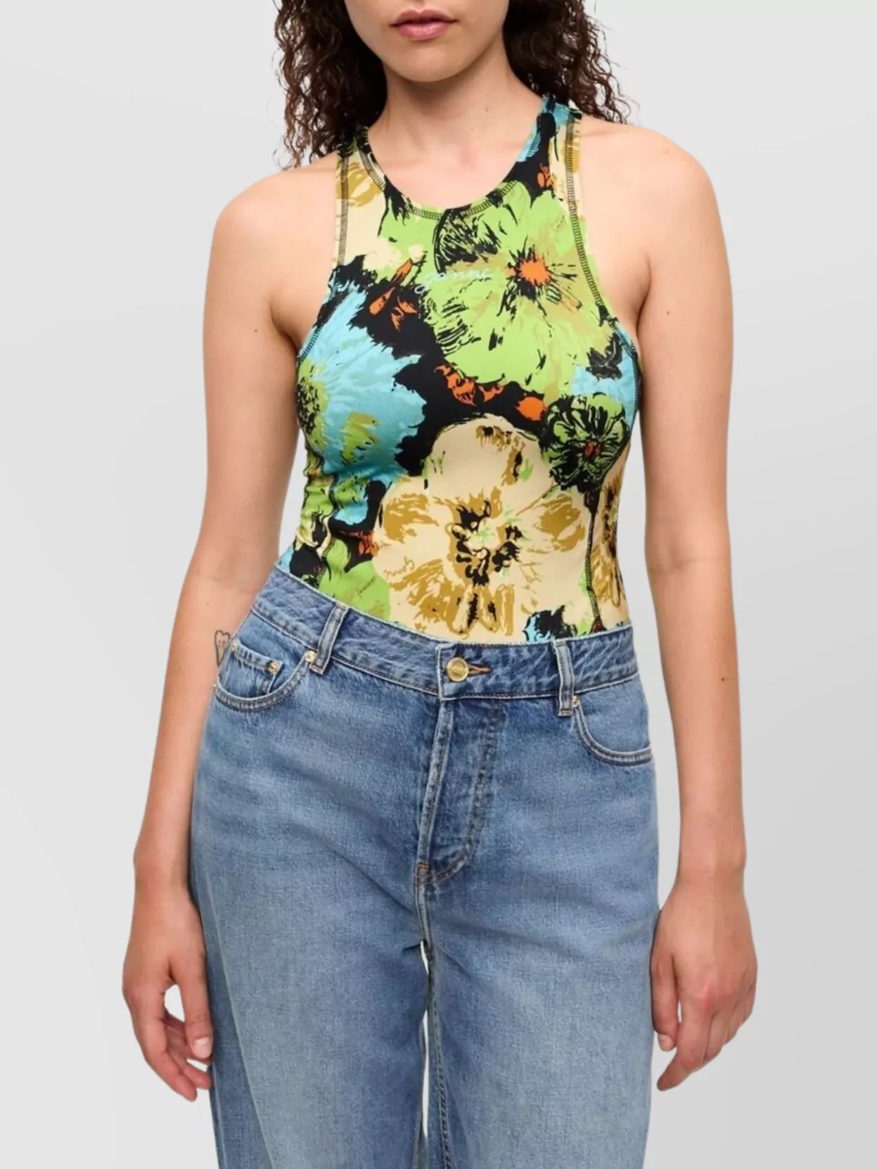 Ganni Floral Racerback Bodysuit In Stretch Fabric