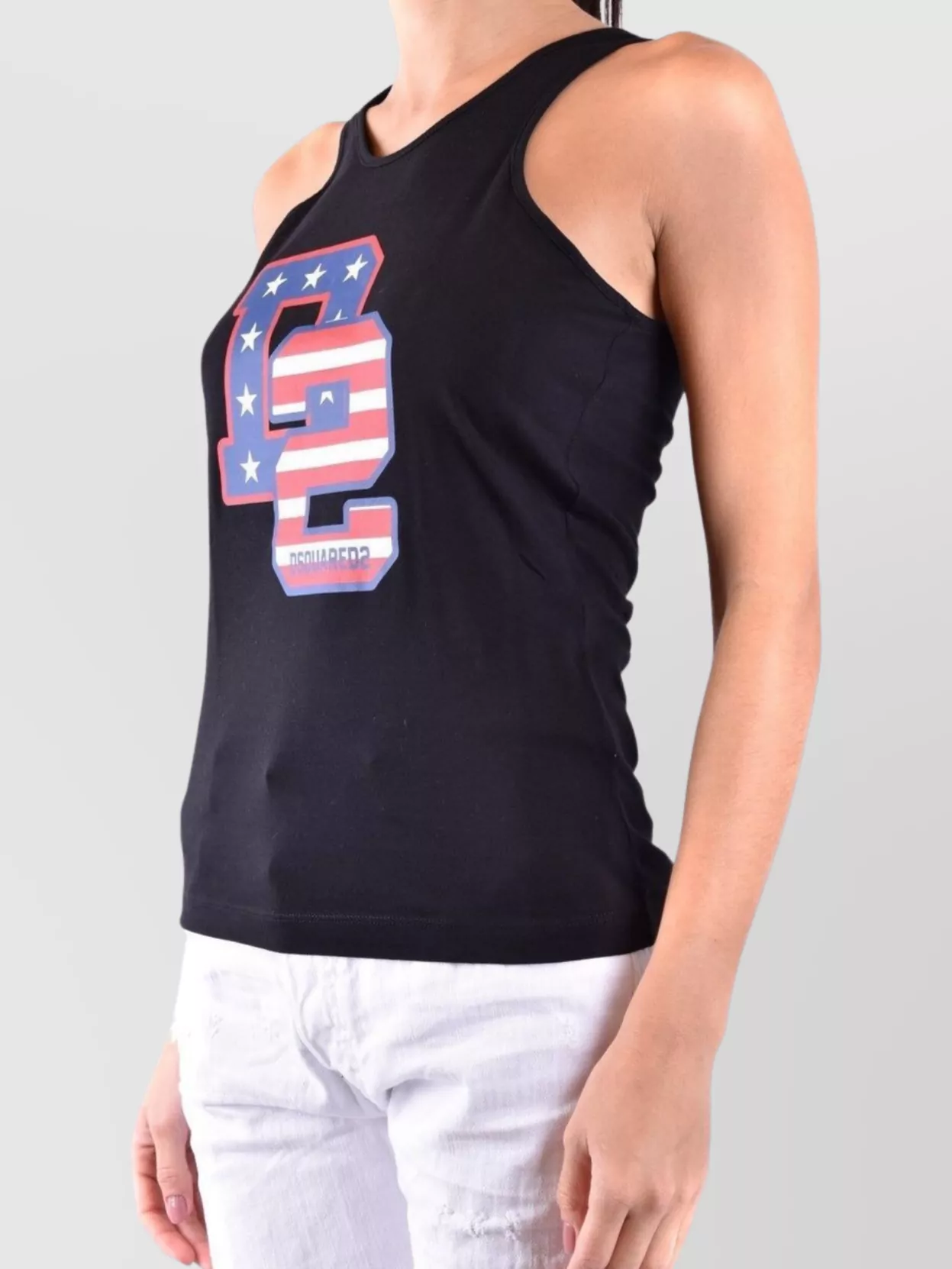 Dsquared2 Fitted Graphic Racerback Round Sleeveless Top In Black