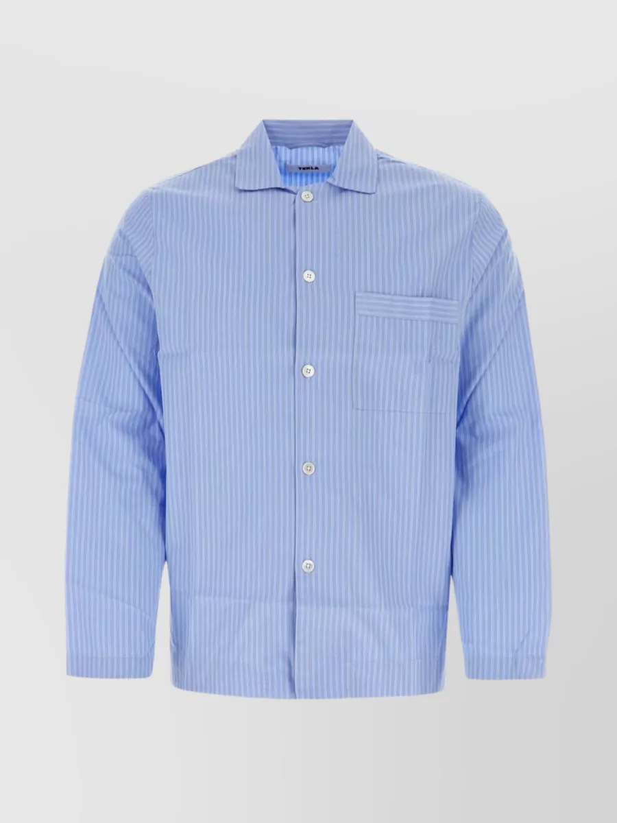 Shop Tekla Striped Embroidered Cotton Pajama Shirt In Blue