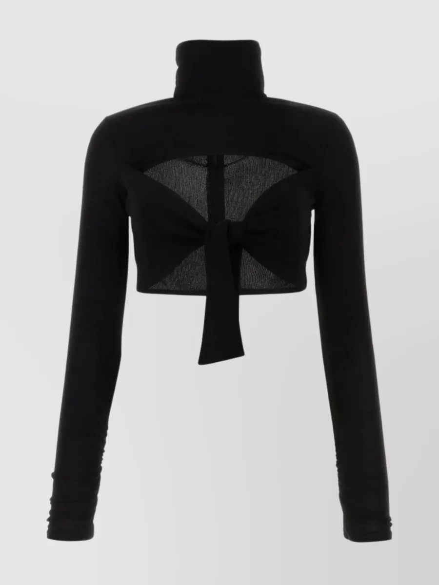 Shop Msgm Viscose Top With Ribbon Tie And High Neck In Black