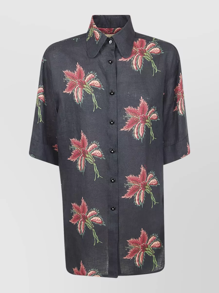 Valentino Garavani Floral-Print Linen Short-Sleeve Relaxed-Fit Shirt