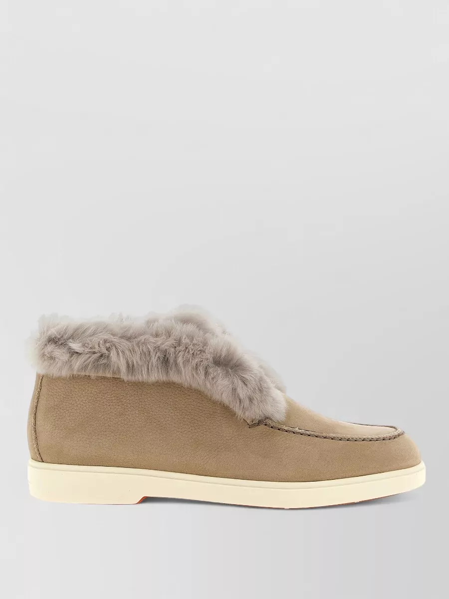 Santoni Leather Fur-Trim Slip-On Ankle Boots